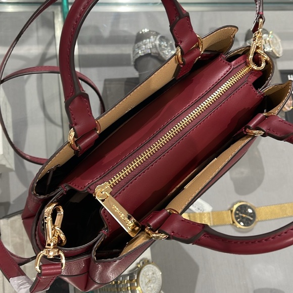 Michael Kors Reed Small Dark Cherry Leather Center Zip Belted Satchel Bag Purse - Picture 4 of 16